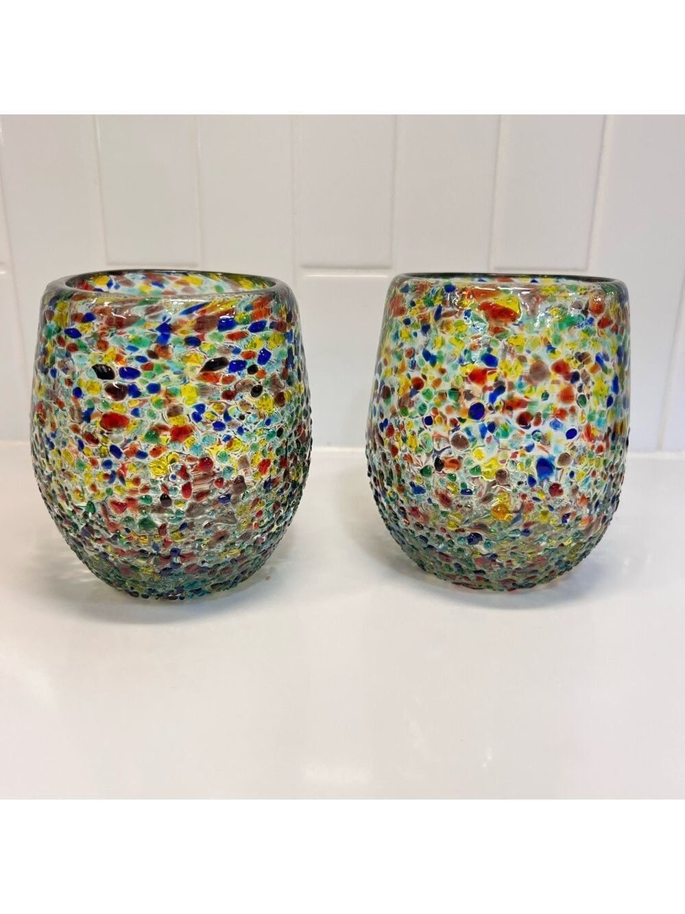 Mexican Hand Blown Confetti Wine Glass Stemless Tumbler Set of 2 Glasses